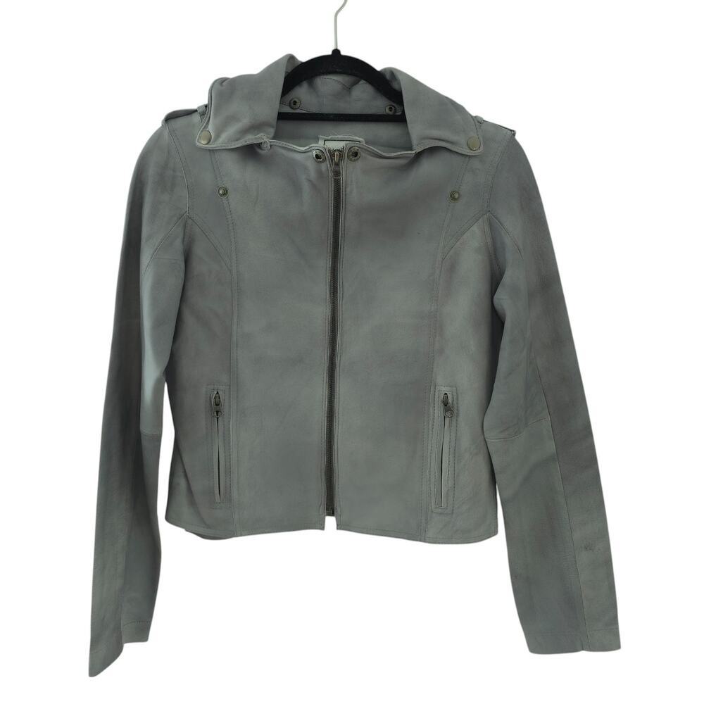 JKT NYC Womens Jacket Small Gray Genuine Leather ZipUp Moto Hooded Classic Core